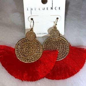 Red and gold dangle tassel earrings